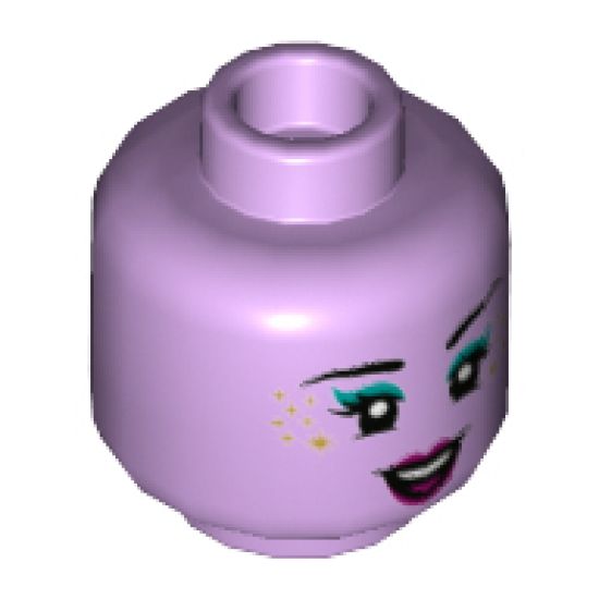 Minifigure, Head Female Black Eyebrows, Dark Turquoise Eye Shadow, Gold Star Freckles, Magenta Lips and Open Smile Pattern - Hollow Stud