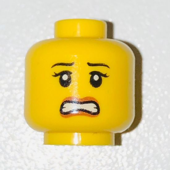 Minifigure, Head Dual Sided Female, Thin Black Eyebrows, Dark Orange Lips, Slight Smile / Scared Pattern - Hollow Stud