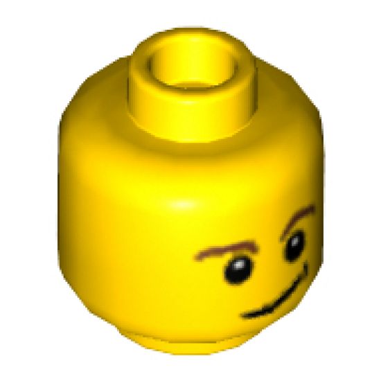 Minifigure, Head Brown Eyebrows, White Pupils, Lopsided Smile with Black Dimple Pattern - Hollow Stud