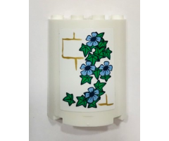 Cylinder Half 2 x 4 x 4 with Pearl Gold Brick Wall, Bright Light Blue Flowers and Green Leaves Pattern (Sticker) - Set 41154