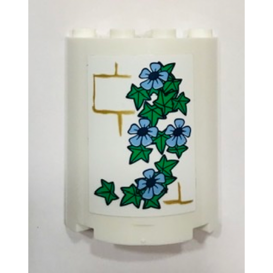 Cylinder Half 2 x 4 x 4 with Pearl Gold Brick Wall, Bright Light Blue Flowers and Green Leaves Pattern (Sticker) - Set 41154