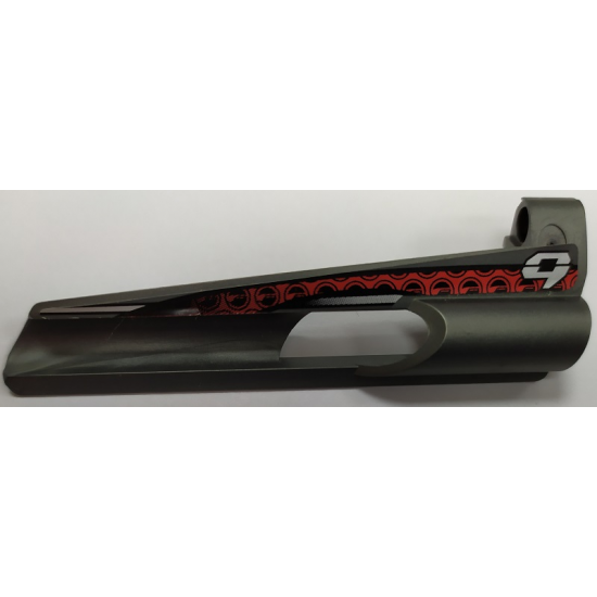 Technic, Panel Fairing # 7 Small Long, Large Hole, Side A with Stylized Silver Number 9 and Black and Red Pattern (Sticker) - Set 8353