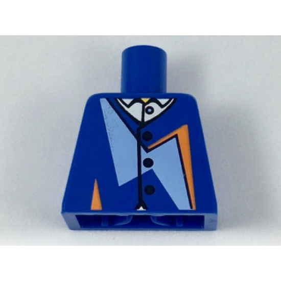 Torso Jacket with Dark Blue Buttons, Bright Light Blue and Orange Geometric Shapes over White Shirt with Collar Pattern