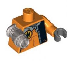 Torso Agents Villain with Zipper & Silver Inset Pattern / Orange Arm and DBG Hand Left / Met Silver Mech Arm, Black Gun, Trans-Or Cones Right