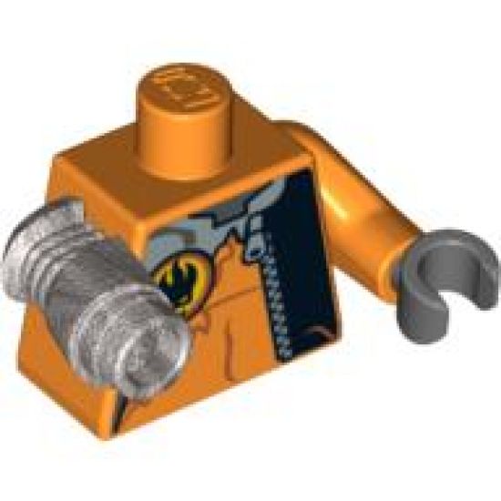 Torso Agents Villain with Zipper & Silver Inset Pattern / Orange Arm and DBG Hand Left / Met Silver Mech Arm, Black Gun, Trans-Or Cones Right