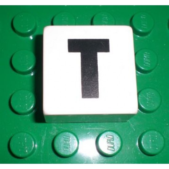 Duplo, Tile 2 x 2 x 1 with Black Capital Letter T Pattern