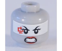 Minifigure, Head Dual Sided Female White Band Around Eyes, Red Lips and Tattoo By Right Eye, Smile / Fierce with Gritted Teeth Pattern - Hollow Stud