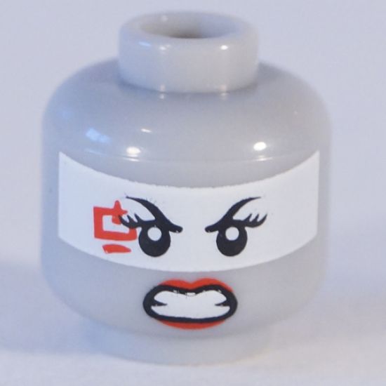 Minifigure, Head Dual Sided Female White Band Around Eyes, Red Lips and Tattoo By Right Eye, Smile / Fierce with Gritted Teeth Pattern - Hollow Stud