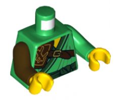 Torso Ninjago Robe with Dark Green Trim and Sash, Dark Brown Leather Pauldron Pattern / Green Arm Left / Dark Brown Arm Right / Yellow Hands