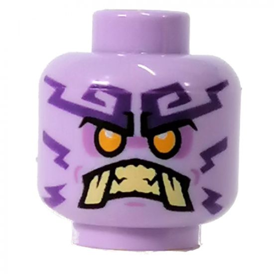 Minifigure, Head Alien Medium Lavender Tattoos, Bright Light Orange Eyes, Tan Teeth and Tusks Pattern - Hollow Stud