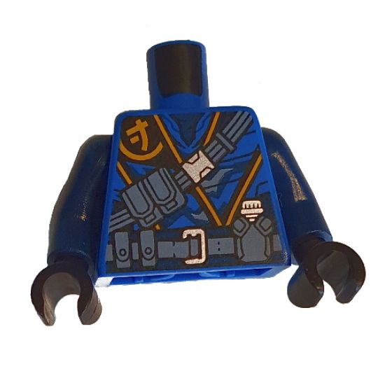Torso Tunic, Yellow Ninjago Logogram 'J', Dark Bluish Gray Belts and Pouches Pattern / Dark Blue Arms / Black Hands