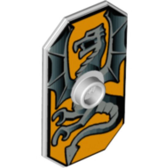 Minifigure, Shield Rectangular with Stud, Silver Dragon on Bright Light Orange Background Pattern