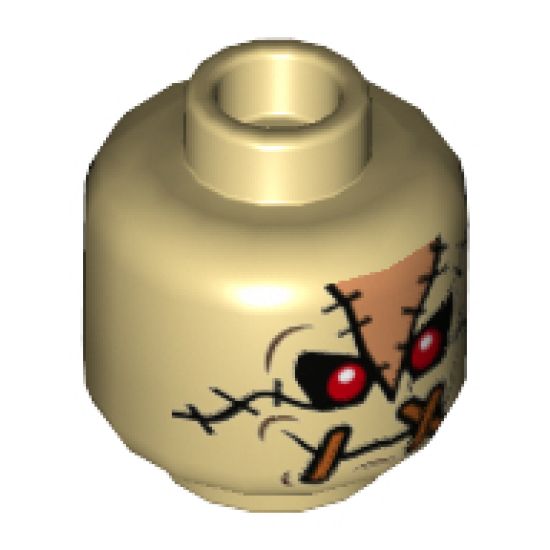 Minifigure, Head Alien with Red Eyes, Orange Patches with Stitches Front and Back Pattern (Scarecrow) - Hollow Stud