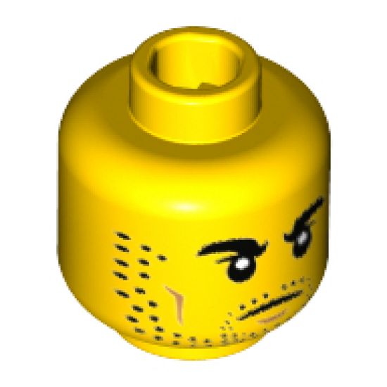 Minifigure, Head Black Thick Eyebrows and Stubble, Dark Tan Cheek Lines Pattern - Hollow Stud