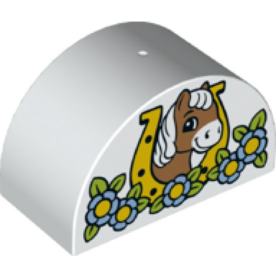 Duplo, Brick 2 x 4 x 2 Curved Top with Horse Head in Horseshoe and Flowers Pattern