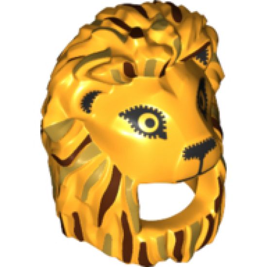 Minifigure, Headgear Head Cover, Costume Mask Lion with Reddish Brown and Gold Mane Highlights and Black Facial Features Pattern