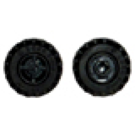 Wheel & Tire Assembly 11mm D. x 12mm, Hole Notched for Wheels Holder Pin with Black Tire Offset Tread Small Wide, Band Around Center of Tread (6014b / 87697)