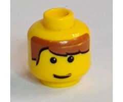 Minifigure, Head Male Brown Bangs Parted on Right, White Pupils and Smile Pattern - Blocked Open Stud
