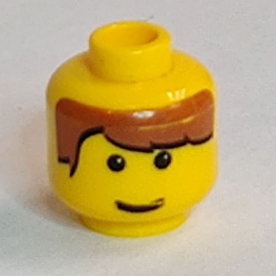 Minifigure, Head Male Brown Bangs Parted on Right, White Pupils and Smile Pattern - Blocked Open Stud