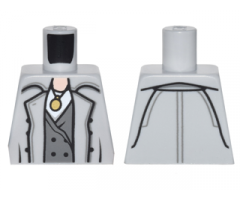 Torso Trench Coat with Buttons over Dark Bluish Gray Vest, White Shirt and Gold Medallion Pattern