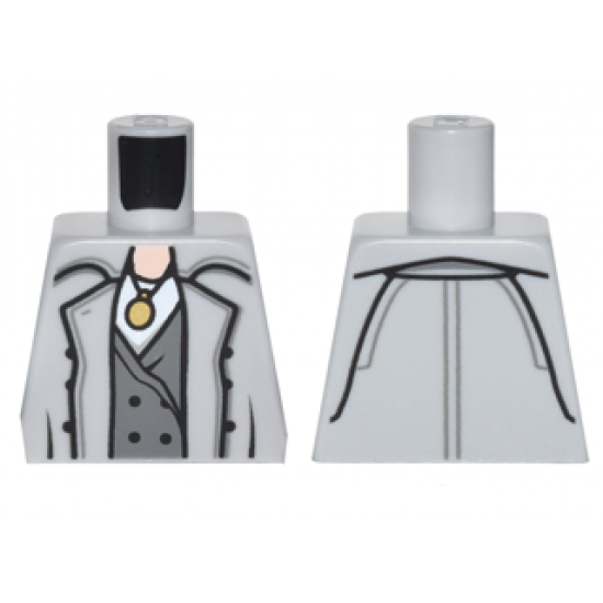 Torso Trench Coat with Buttons over Dark Bluish Gray Vest, White Shirt and Gold Medallion Pattern
