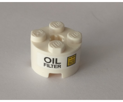 Brick, Round 2 x 2 with Axle Hole with 'OIL FILTER' and Yellow Sign Pattern (Sticker) - Set 42082