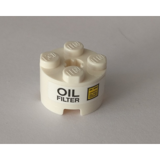 Brick, Round 2 x 2 with Axle Hole with 'OIL FILTER' and Yellow Sign Pattern (Sticker) - Set 42082