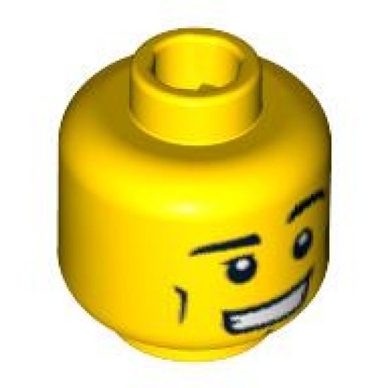 Minifigure, Head Black Eyebrows, White Pupils, Vertical Cheek Lines, Chin Dimple and Wide Grin Pattern - Blocked Open Stud