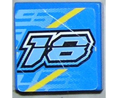 Tile 2 x 2 with Number 18 with White Border on Blue with Yellow Stripes Pattern (Sticker) - Set 8370
