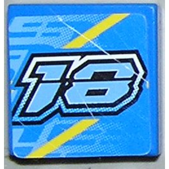 Tile 2 x 2 with Number 18 with White Border on Blue with Yellow Stripes Pattern (Sticker) - Set 8370