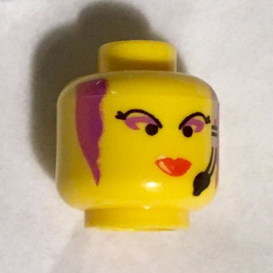 Minifigure, Head Female with Red Lips, Purple Hair and Headset Pattern - Blocked Open Stud