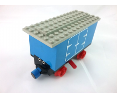 Train Battery Box Car with Two Contact Holes, Red Switch Lever, Blue and Red Magnets, Red Wheels, and Light Gray Roof with Hinged Doors Pattern on Both Sides (Stickers) - Set 7720