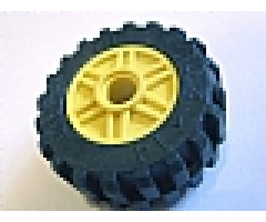 Wheel & Tire Assembly 18mm D. x 14mm with Pin Hole, Fake Bolts and Shallow Spokes with Black Tire 30.4 x 14 Offset Tread (55981 / 30391)