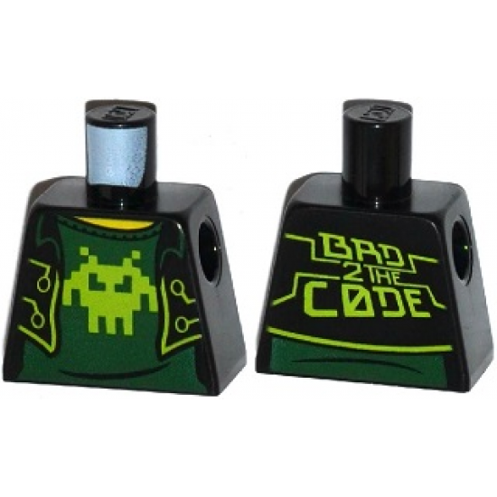 Torso Open Jacket over Dark Green Shirt with Lime Pixelated Alien Pattern
