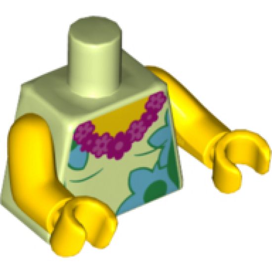 Torso Female, Dark Pink and Magenta Lei, Medium Azure and Bright Green Flowers Pattern / Yellow Arms / Yellow Hands