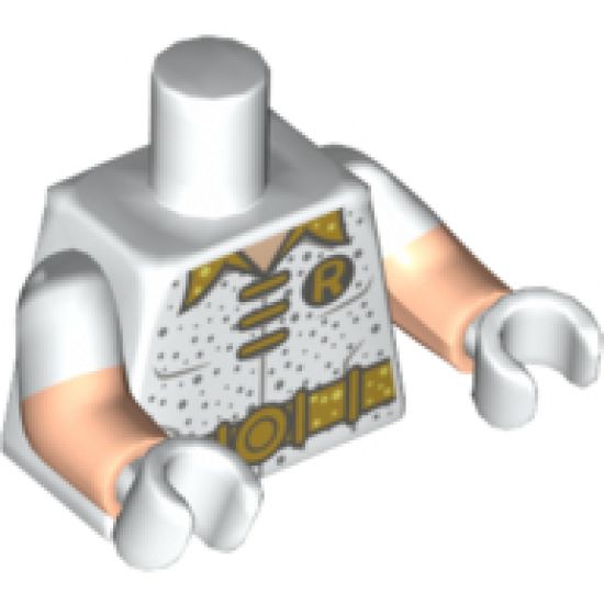Torso Batman 'R' Symbol, 3 Gold Clasps and Collar and Belt and Silver Dots Pattern / Light Nougat Arms with White Short Sleeves Pattern / White Hands