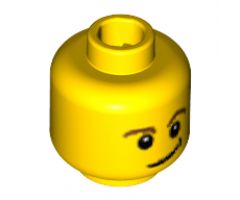 Minifigure, Head Brown Eyebrows, White Pupils, Lopsided Smile with Black Dimple Pattern - Blocked Open Stud