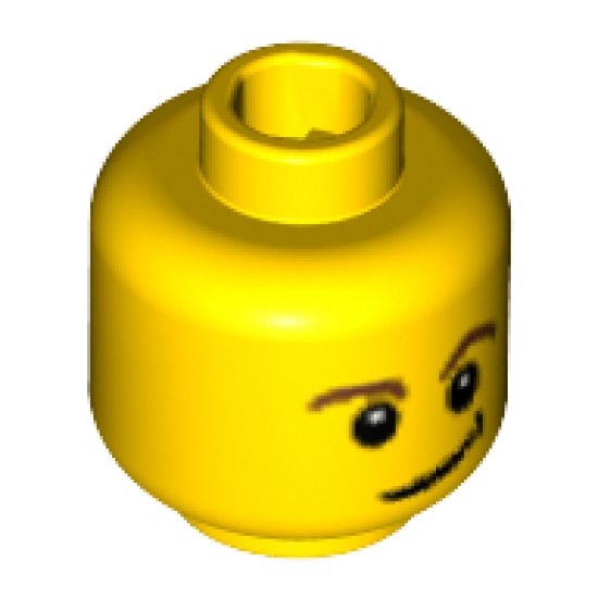 Minifigure, Head Brown Eyebrows, White Pupils, Lopsided Smile with Black Dimple Pattern - Blocked Open Stud
