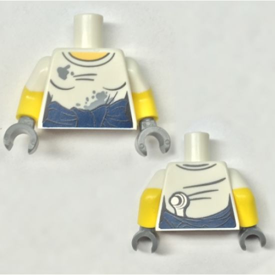 Torso Female T-Shirt with Oil Stains, Dark Blue Sash, Ratchet Tucked in Back Pattern / Yellow Arms with White Short Sleeves / Dark Bluish Gray Hands