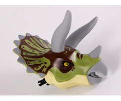 Animal, Body Part Dinosaur Head Triceratops with Pin, Light Bluish Gray Horns and Beak, Olive Green Top with Dark Brown Pattern