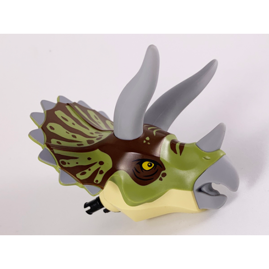 Animal, Body Part Dinosaur Head Triceratops with Pin, Light Bluish Gray Horns and Beak, Olive Green Top with Dark Brown Pattern
