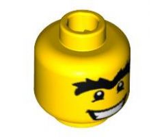 Minifigure, Head Male Black Eyes with White Pupils, Unibrow and Wide Mouth Pattern - Blocked Open Stud
