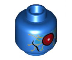 Minifigure, Head Alien with Large Red Eye in Dark Azure Panel, Gold Circuitry Pattern - Hollow Stud