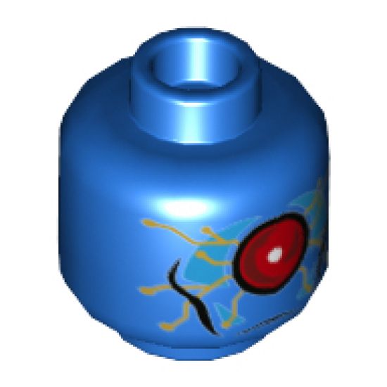 Minifigure, Head Alien with Large Red Eye in Dark Azure Panel, Gold Circuitry Pattern - Hollow Stud