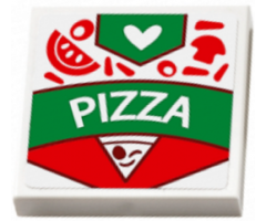Tile 2 x 2 with 'PIZZA' Box, Toppings, White Heart and Pizza Slice Pattern (Sticker) - Set 41311