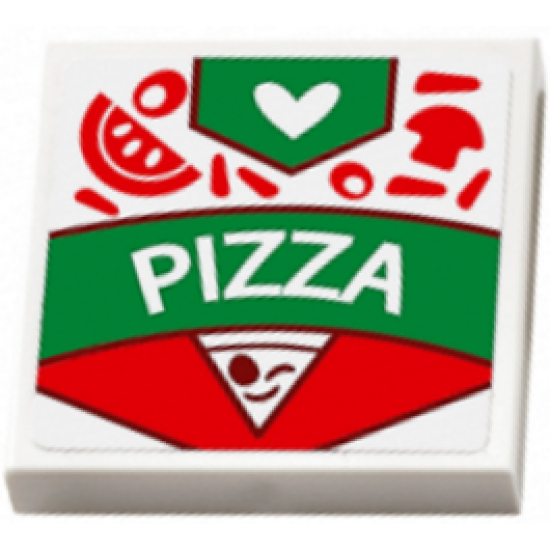 Tile 2 x 2 with 'PIZZA' Box, Toppings, White Heart and Pizza Slice Pattern (Sticker) - Set 41311