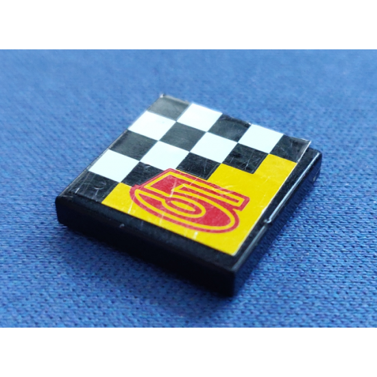 Tile 2 x 2 with Red Number 5 on Yellow and Checkered Background Pattern (Sticker) - Set 8225