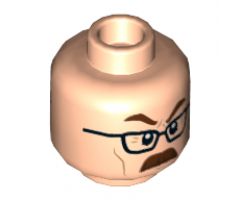 Minifigure, Head Dual Sided Reddish Brown Eyebrows and Moustache, Black Glasses, Surprised with Eyebrow Raised / Angry Pattern - Hollow Stud
