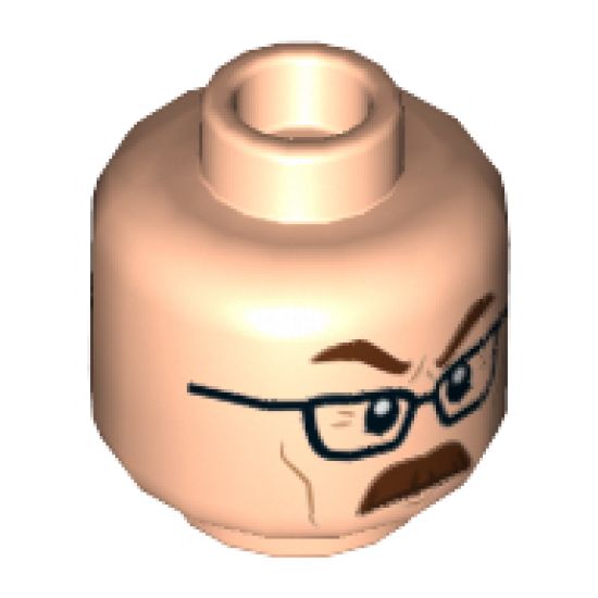 Minifigure, Head Dual Sided Reddish Brown Eyebrows and Moustache, Black Glasses, Surprised with Eyebrow Raised / Angry Pattern - Hollow Stud