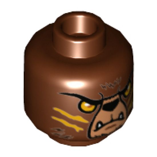 Minifigure, Head Alien Chima Bear with Black Nose, Orange Eyes, Medium Nougat and Orange Slash Marks Pattern (Bladvic) - Hollow Stud